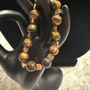 Natural Tigereye and Gold Chevron Bracelet